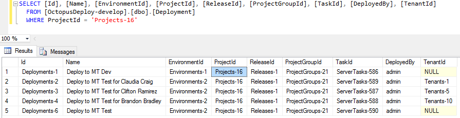 Database record showing tenant ID