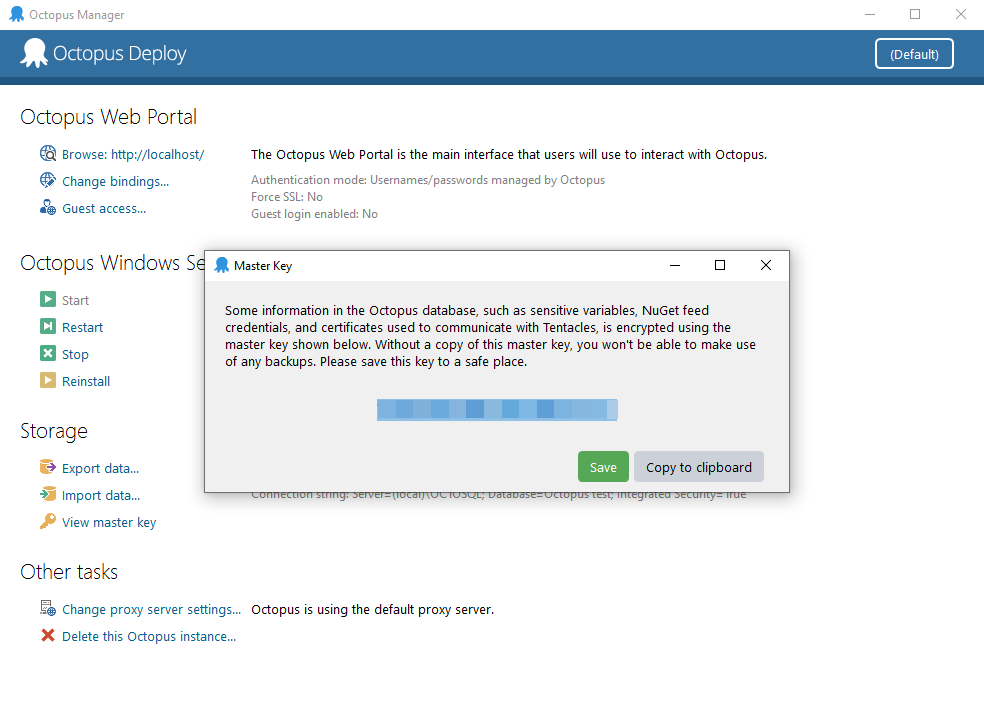The master key screen in Octopus Manager