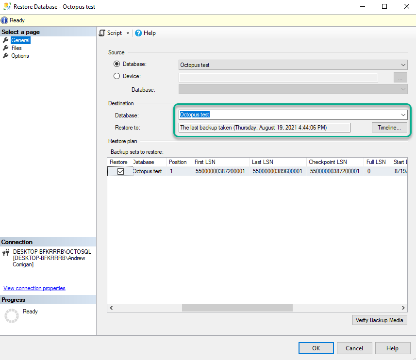 The Restore Database screen in SQL Server Management Studio
