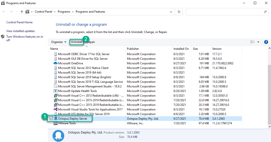 The uninstall option in Windows' Programs and Features screen