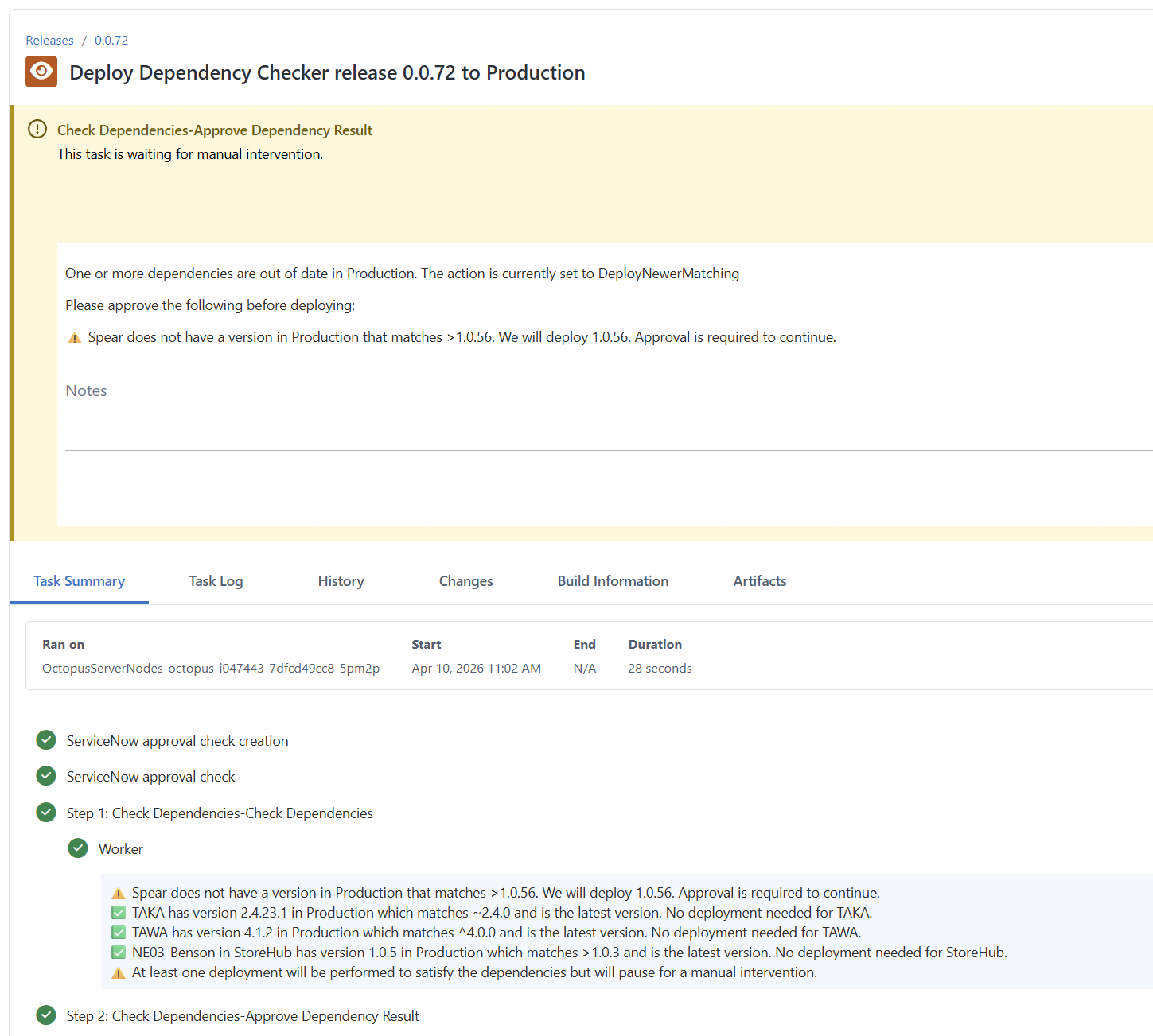 Dependency deployment requiring approvals before proceeding