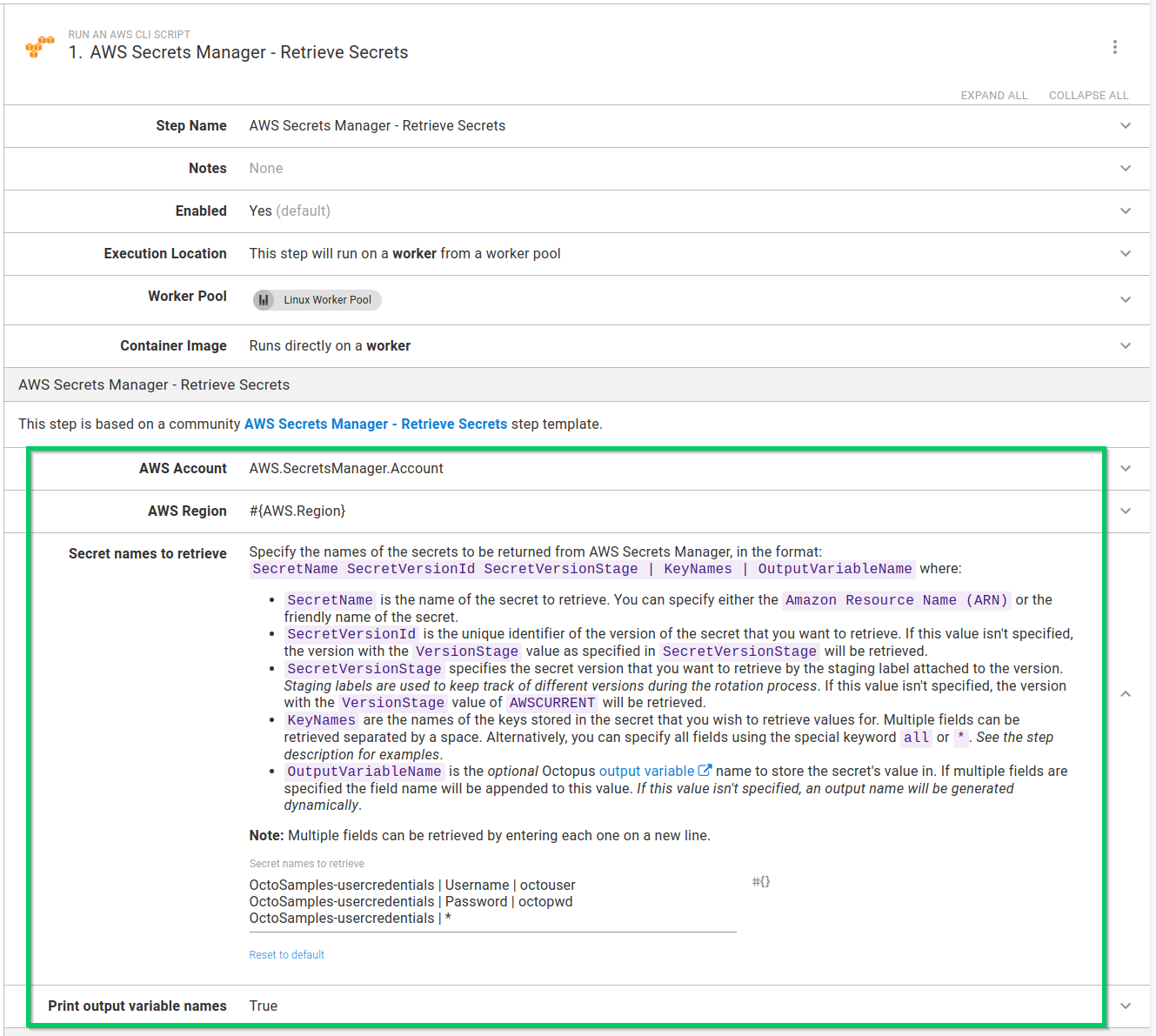 AWS Secrets Manager - Retrieve Secrets step used in a process
