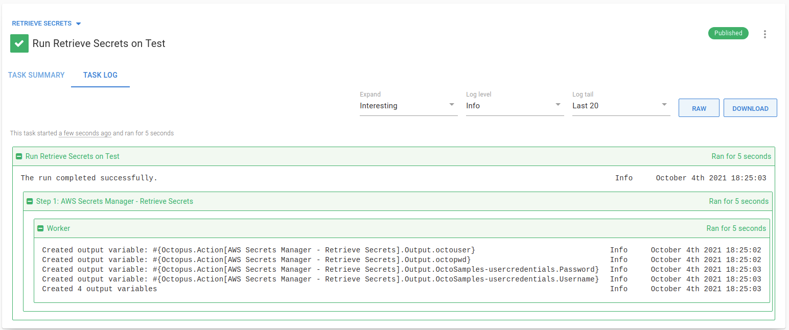 AWS Secrets Manager - Retrieve secrets step output variables task log