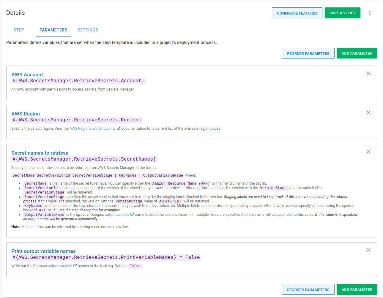 Parameters for the step