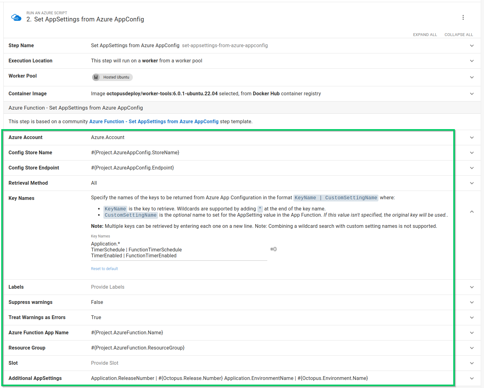 The Set Azure Function Application settings step used in a process