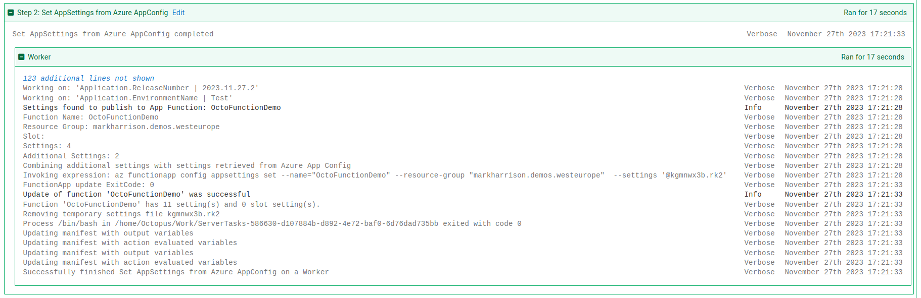 Task log output for the Set Azure Function Application settings step