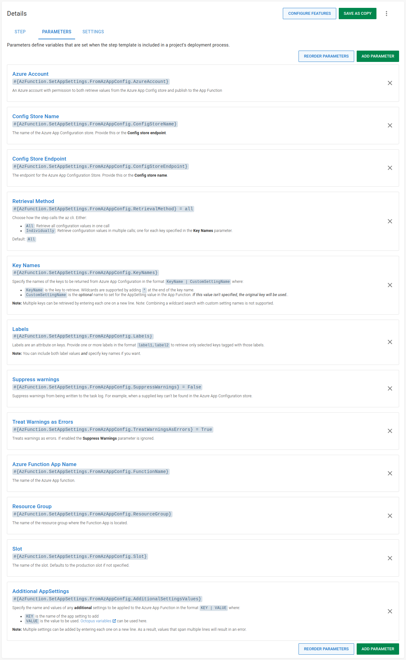 Parameters for the Set Azure Function Application settings step
