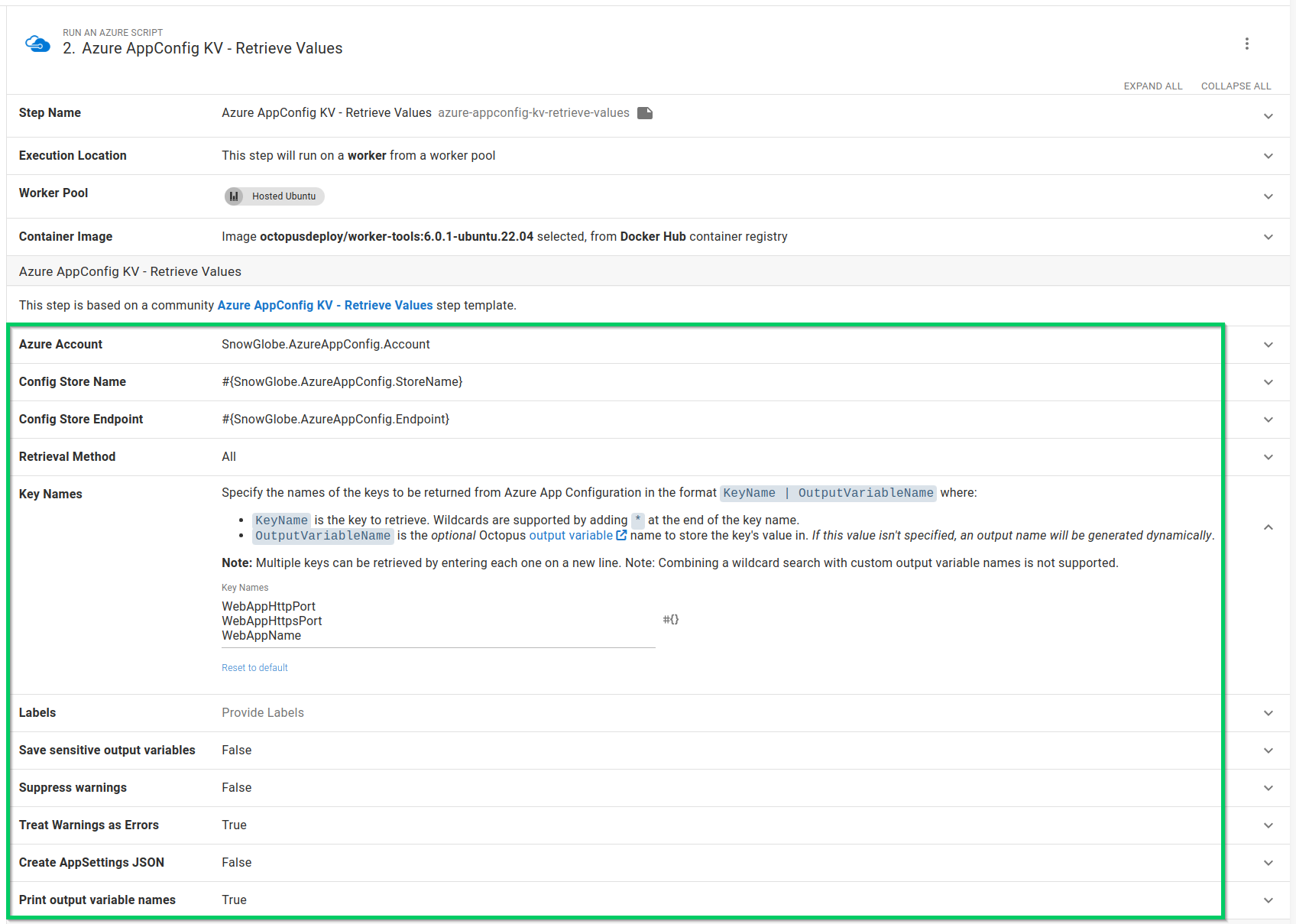 The Azure AppConfig Retrieve Values step used in a process
