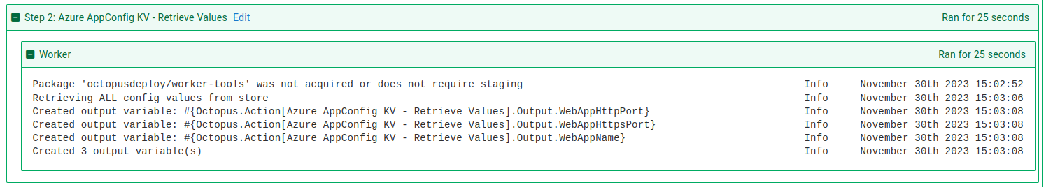 Task log output for the Azure AppConfig Retrieve Values step