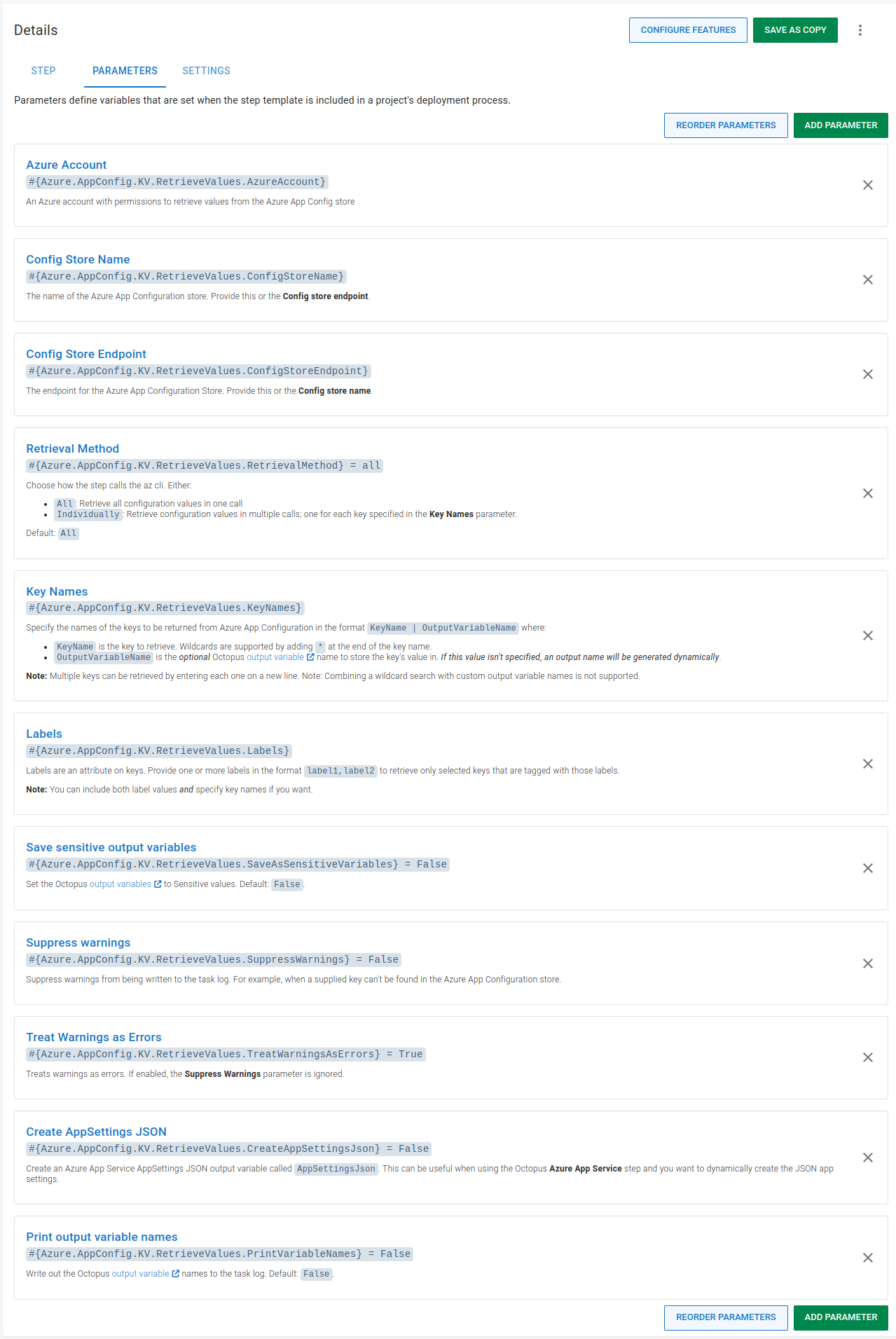 Parameters for the Azure AppConfig Retrieve Values step