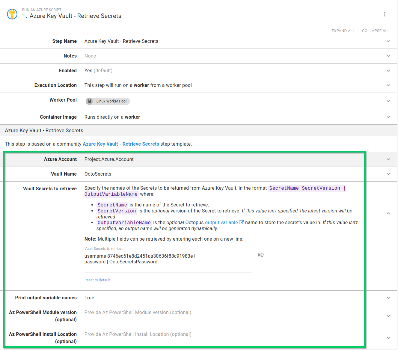 Azure Key Vault retrieve secrets step used in a process