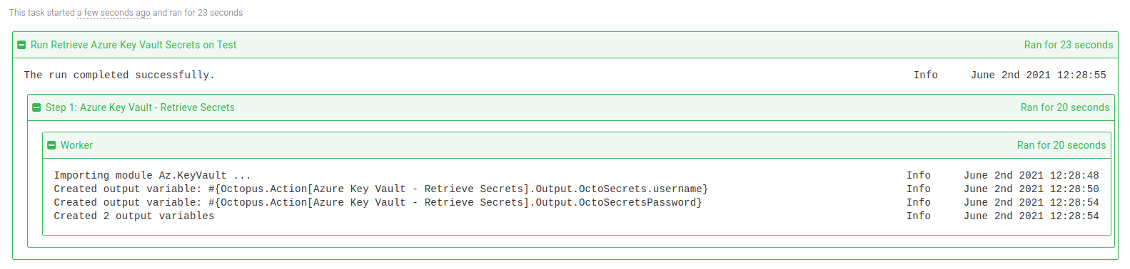 Azure Key Vault retrieve secrets step task log