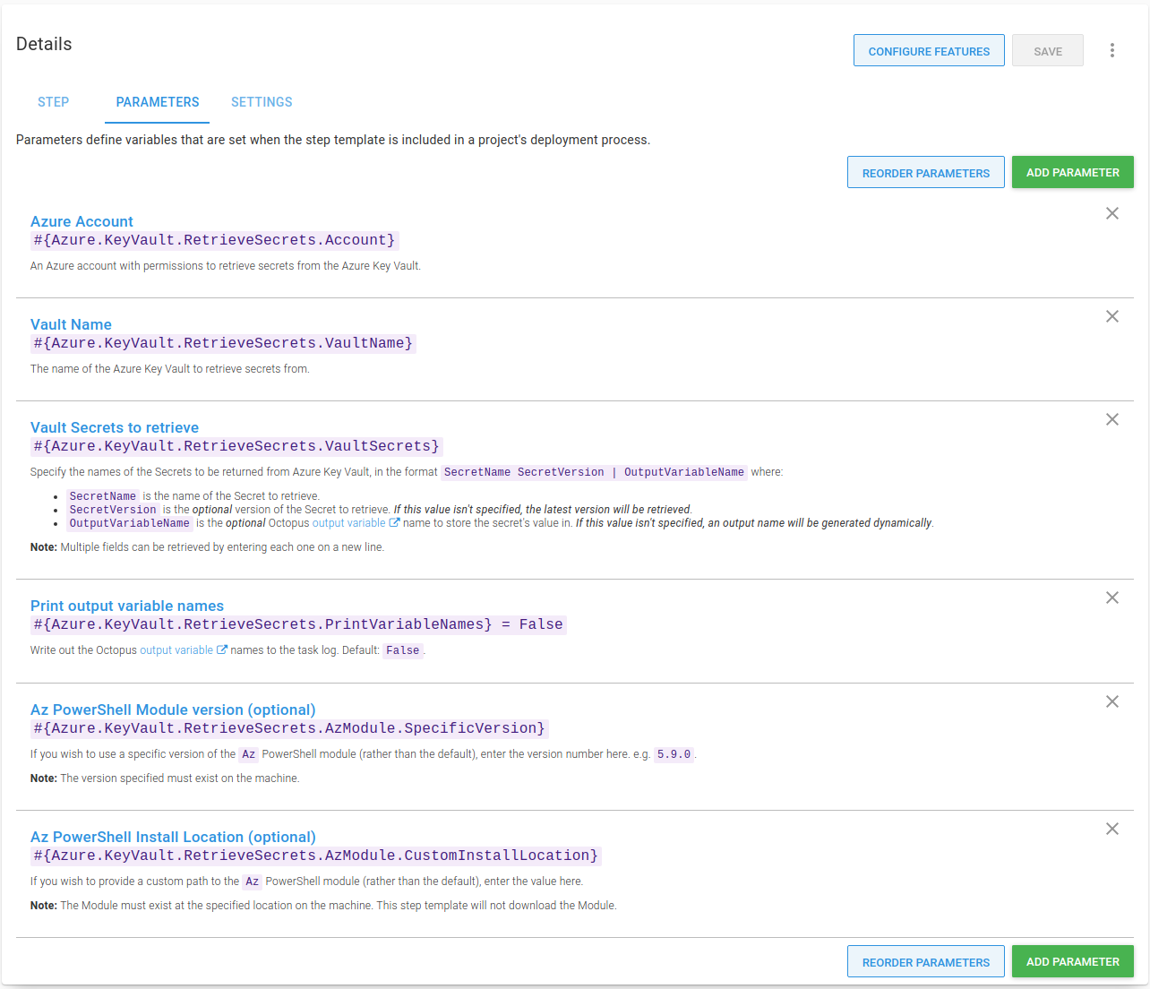 Parameters for the step