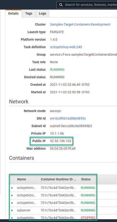 Cluster showing containers and IP address