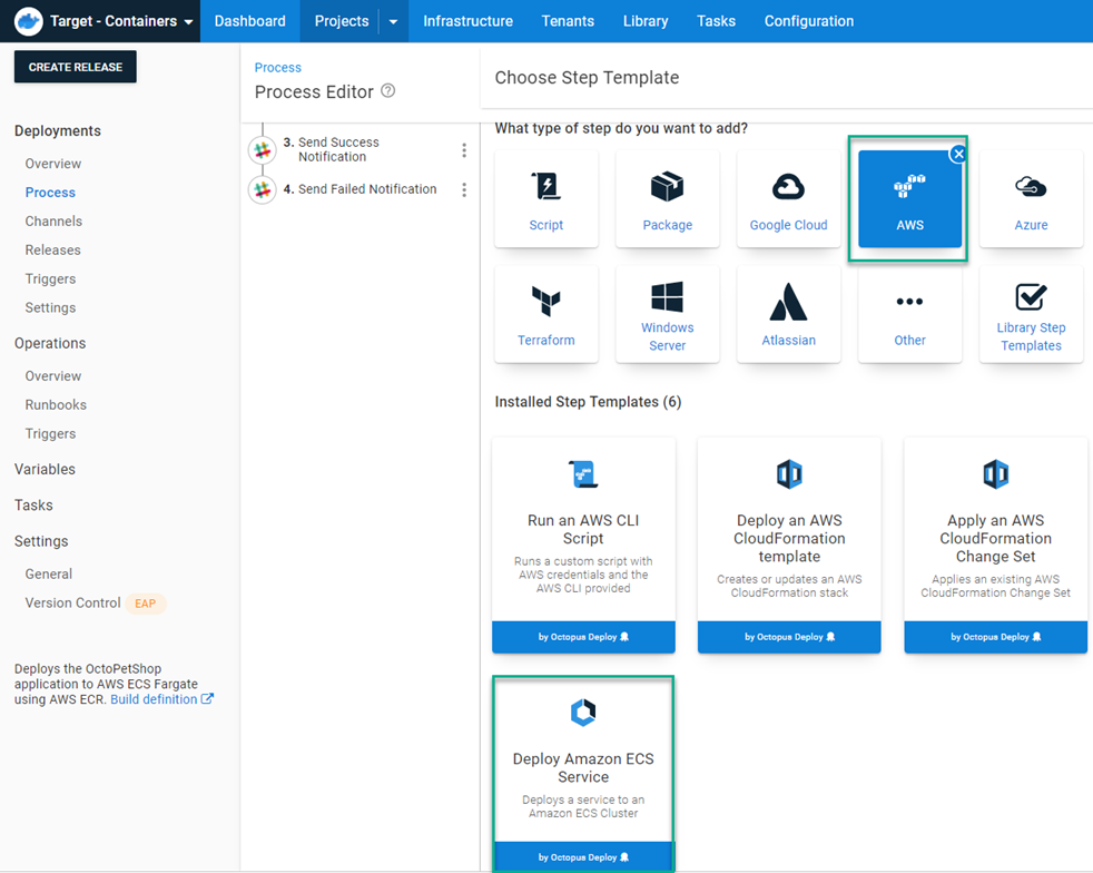 Octopus dashboard showing process editor and Deploy Amazon ECS Service step