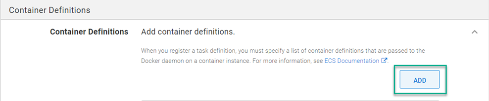Container Definitions section with ADD button highlighted