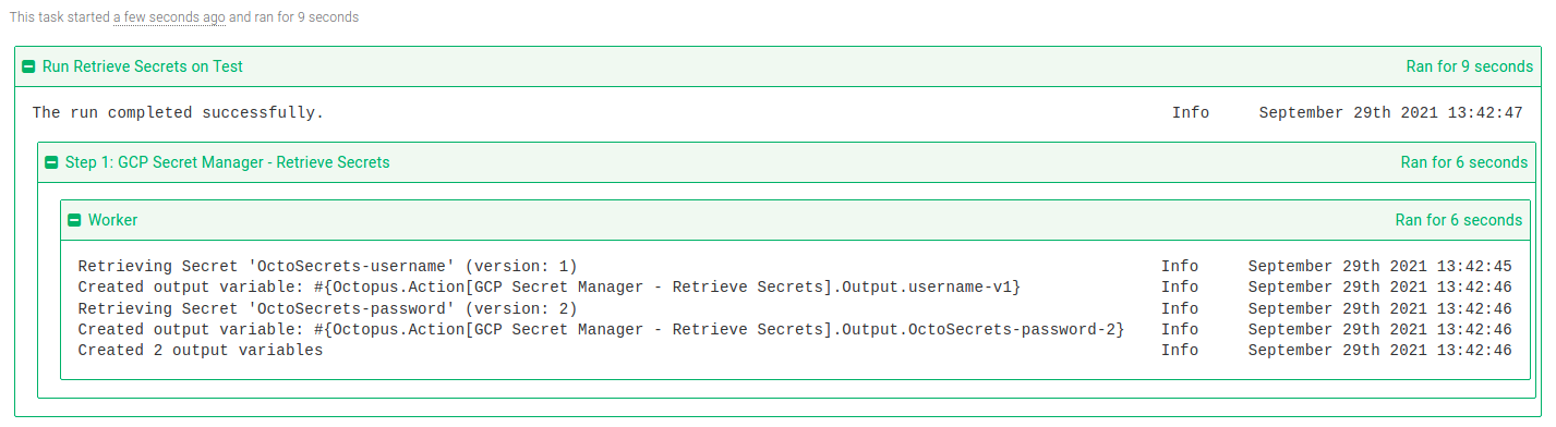 GCP Secret Manager - Retrieve secrets step task log