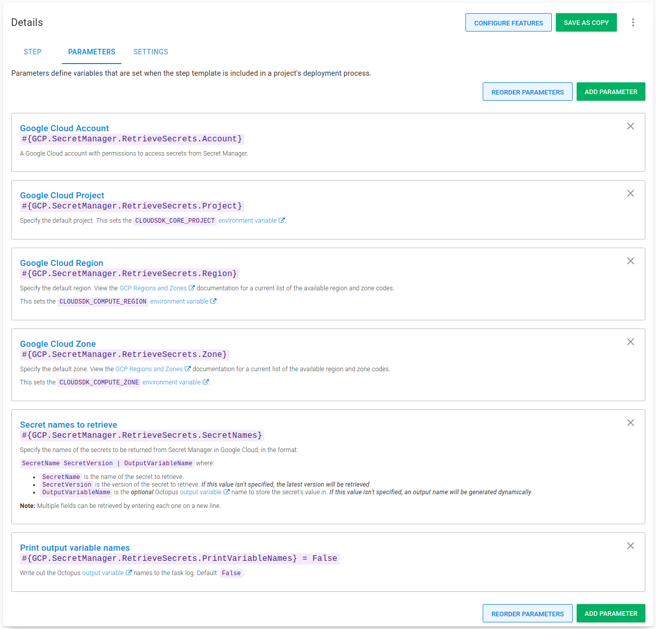 Parameters for the step