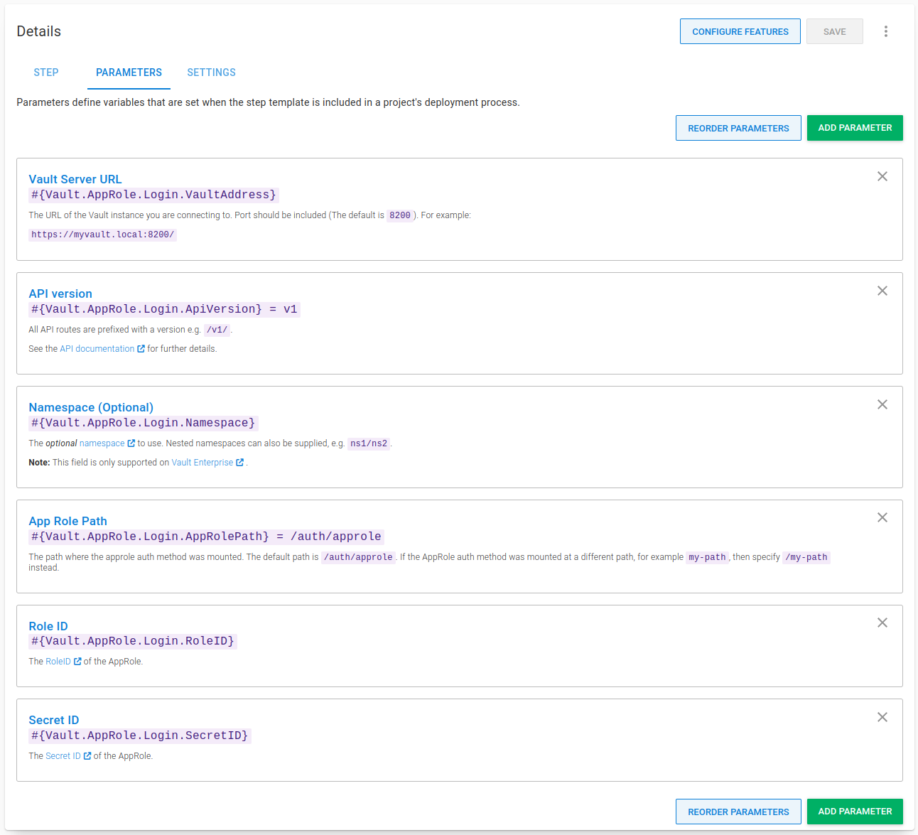 Parameters for the Vault AppRole login step