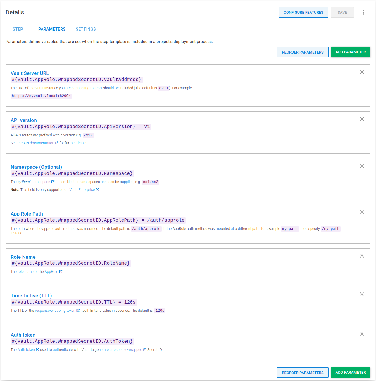 Parameters for the Vault Get Wrapped SecretID step