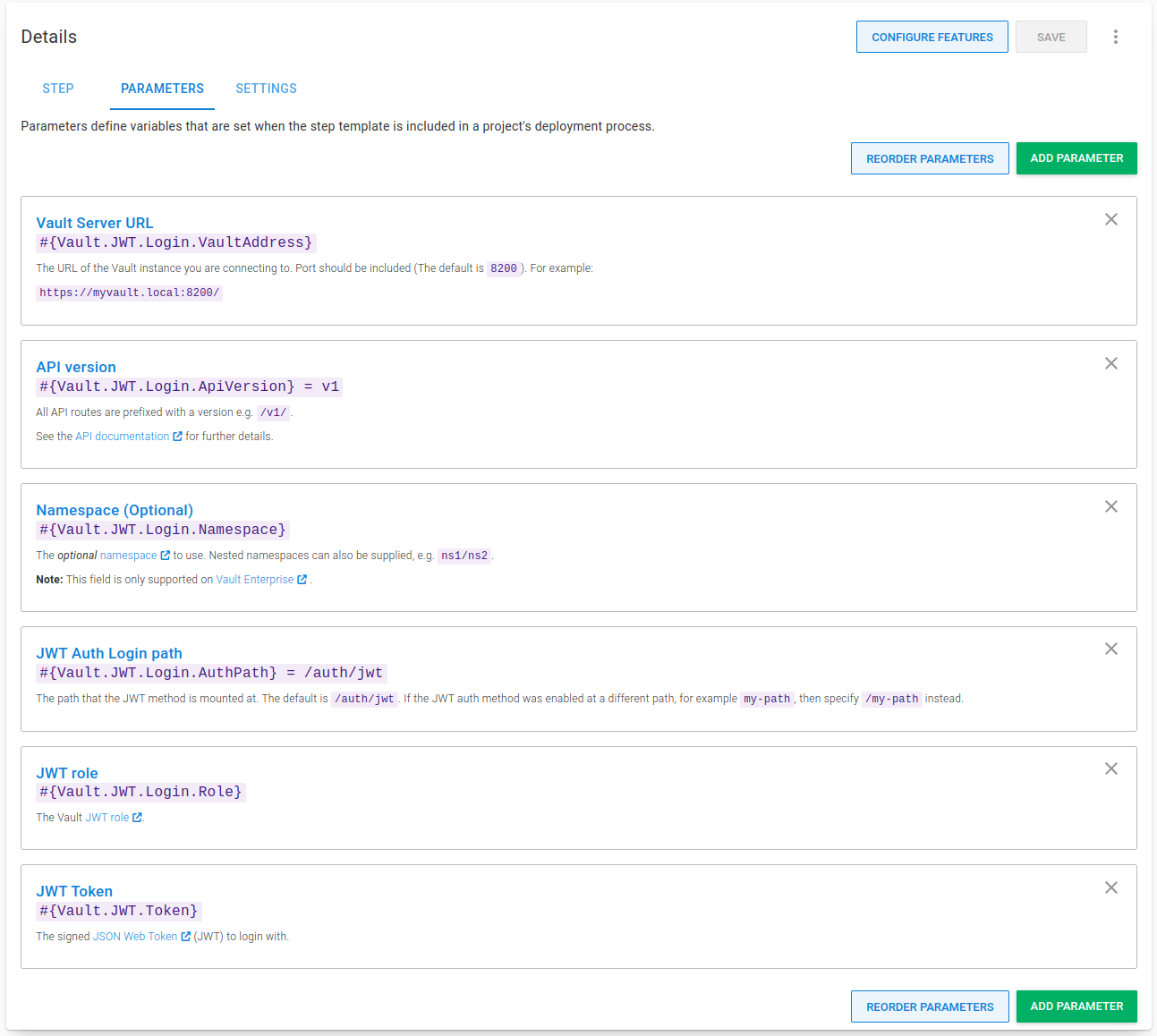 Parameters for the Vault JWT login step