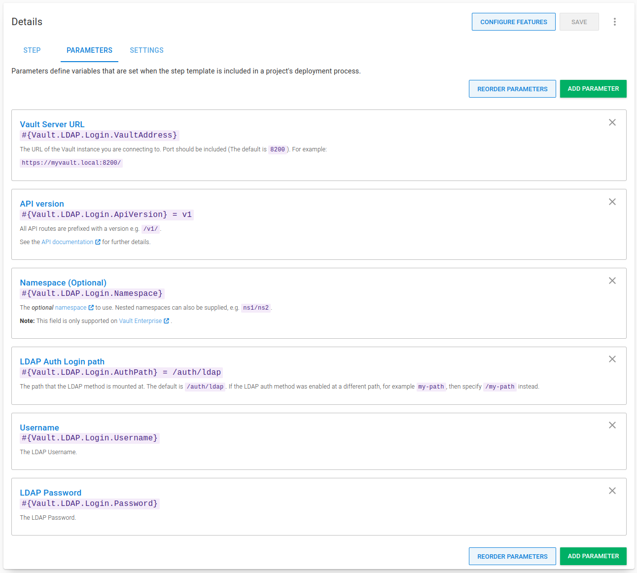 Parameters for the Vault LDAP login step