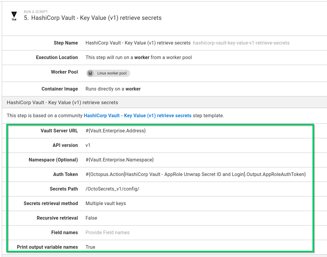 Vault retrieve KV v1 secrets step used in a process