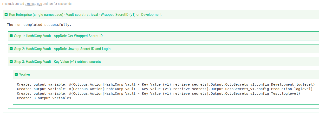 Vault retrieve KV v1 secrets step task log