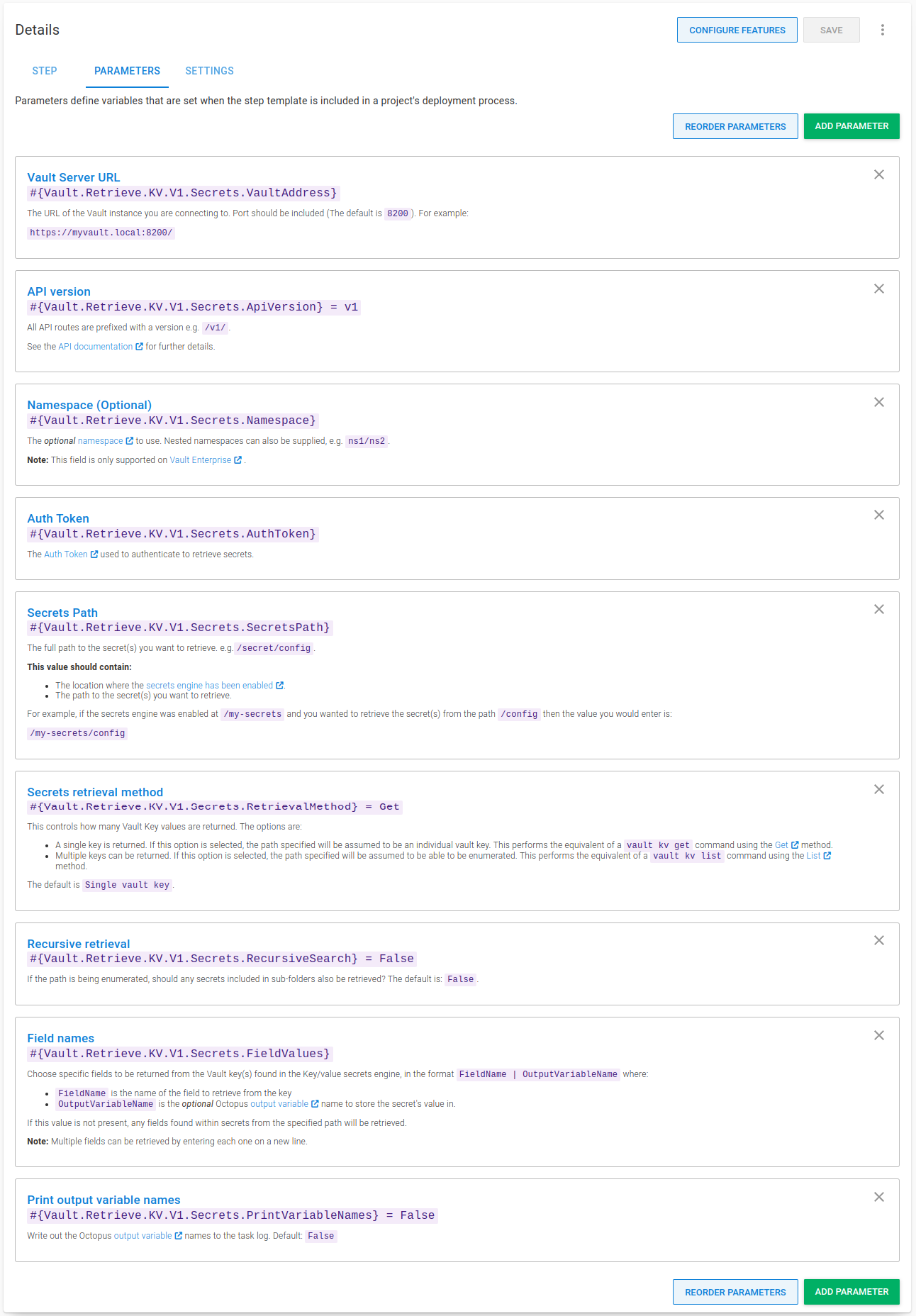 Parameters for the retrieve KV v1 secrets step