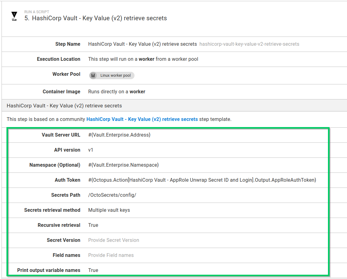 Vault retrieve KV v2 secrets step used in a process