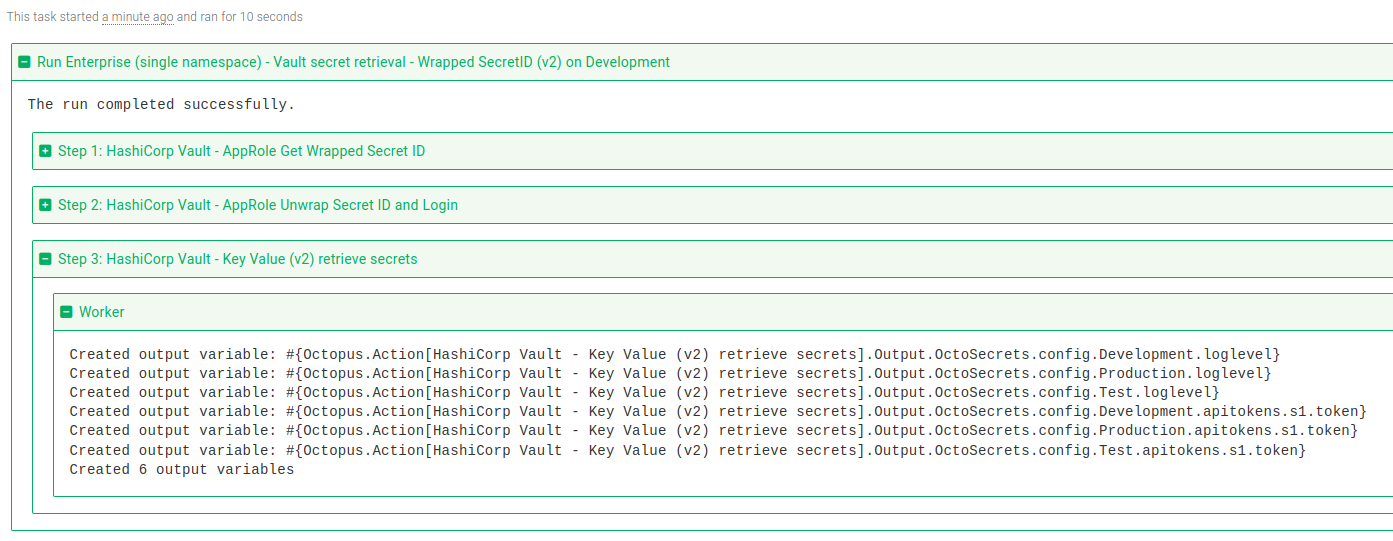 Vault retrieve KV v2 secrets step task log
