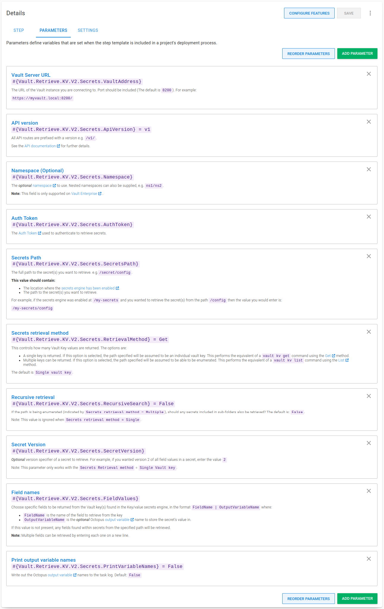 Parameters for the retrieve KV v2 secrets step