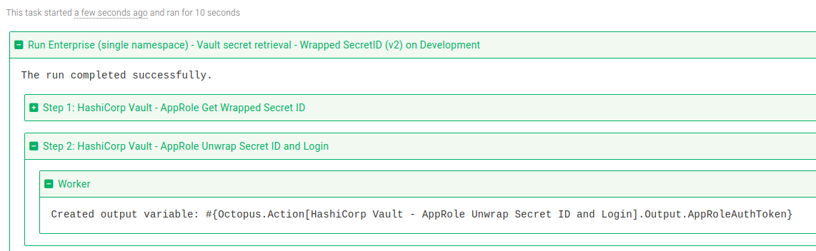 Vault Unwrap SecretID and Login step task log