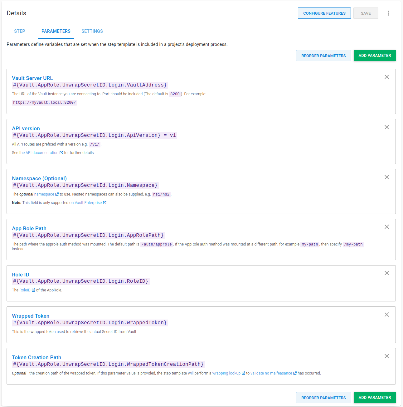 Parameters for the Vault Unwrap SecretID and Login step