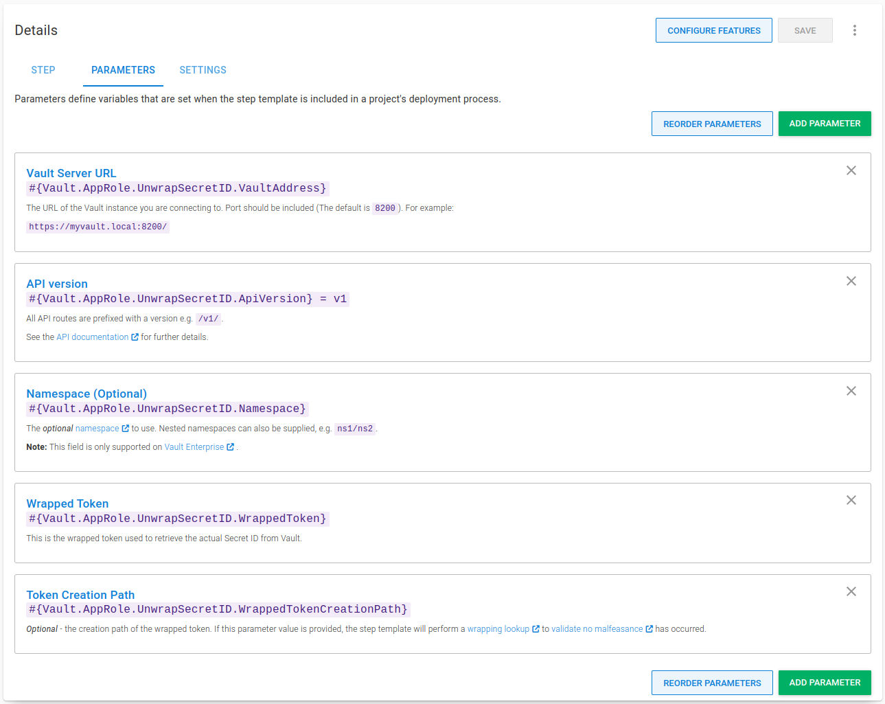 Parameters for the Vault Unwrap SecretID step