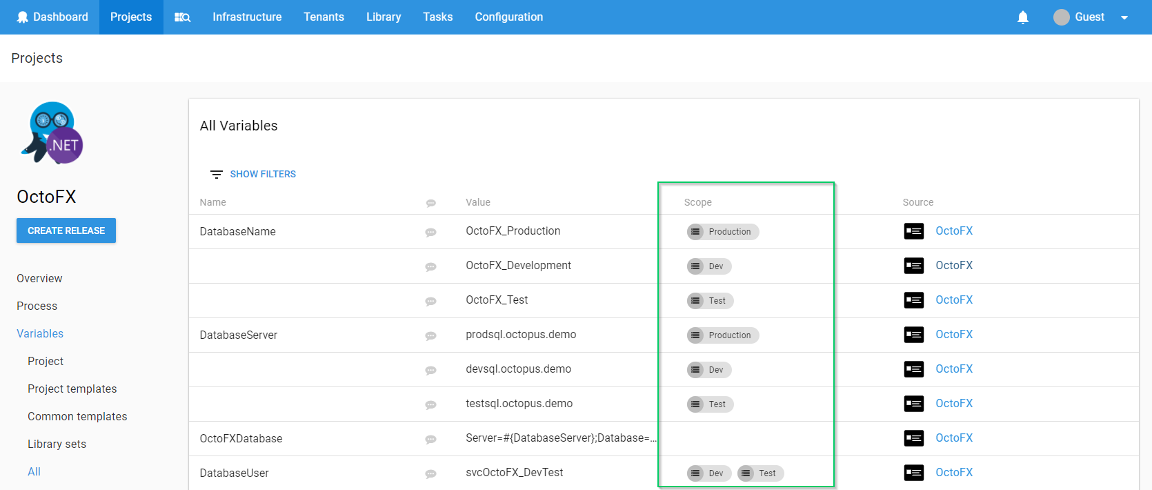 Octopus Deploy Variables UI