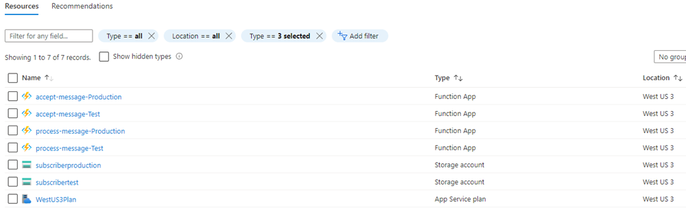 Screenshot shows 1 to 7 records, with resources provisioned for both Test and Production environments