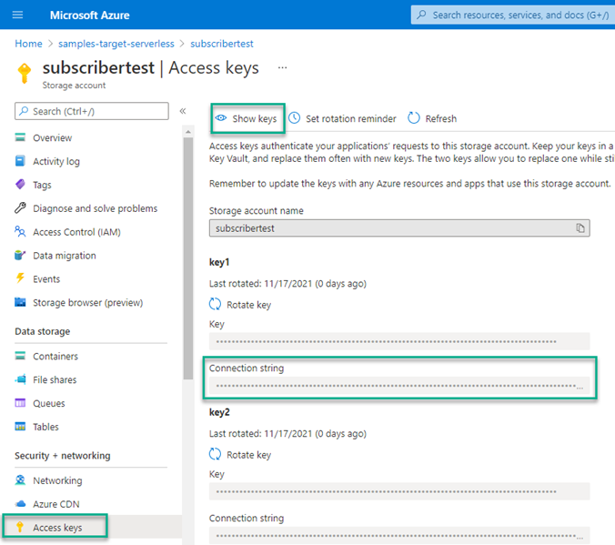 Microsoft Azure dashboard open on Access keys page with Show keys and Connection string highlighted