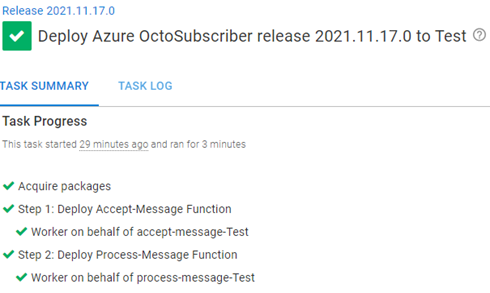 Octopus dashboard showing Task Summary with green ticks for every step