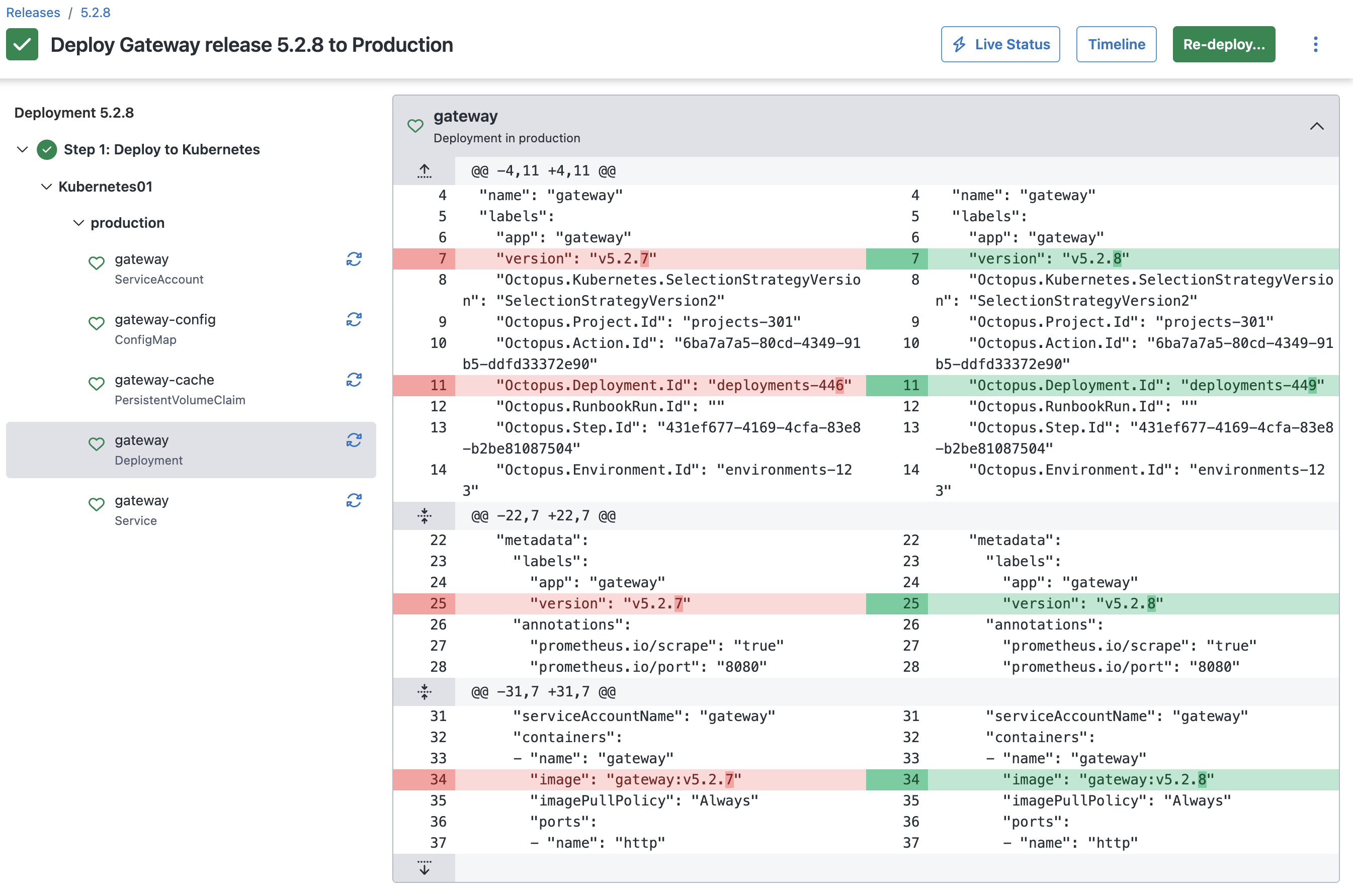 Diff view, showing only changes to the image for the deployment