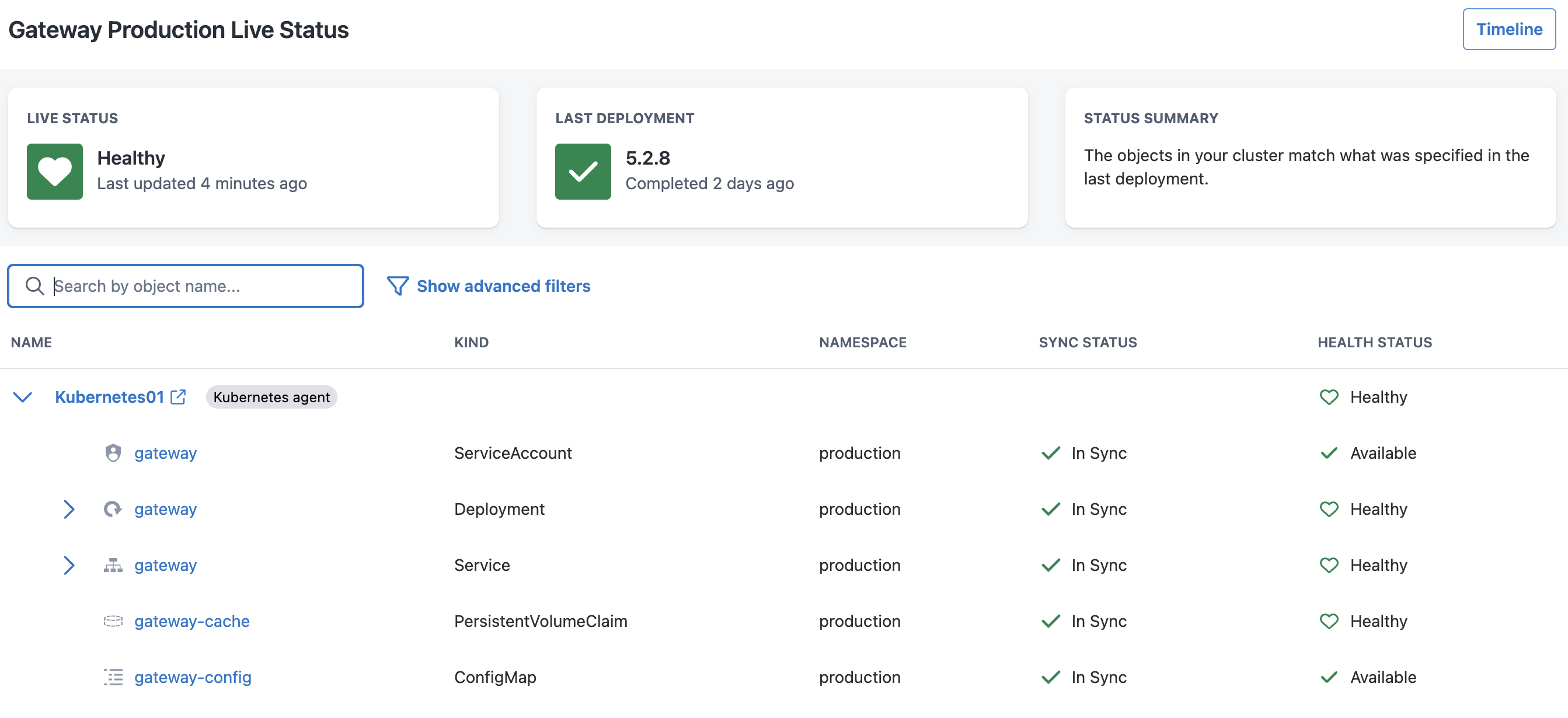 Live status view, showing in-sync resources