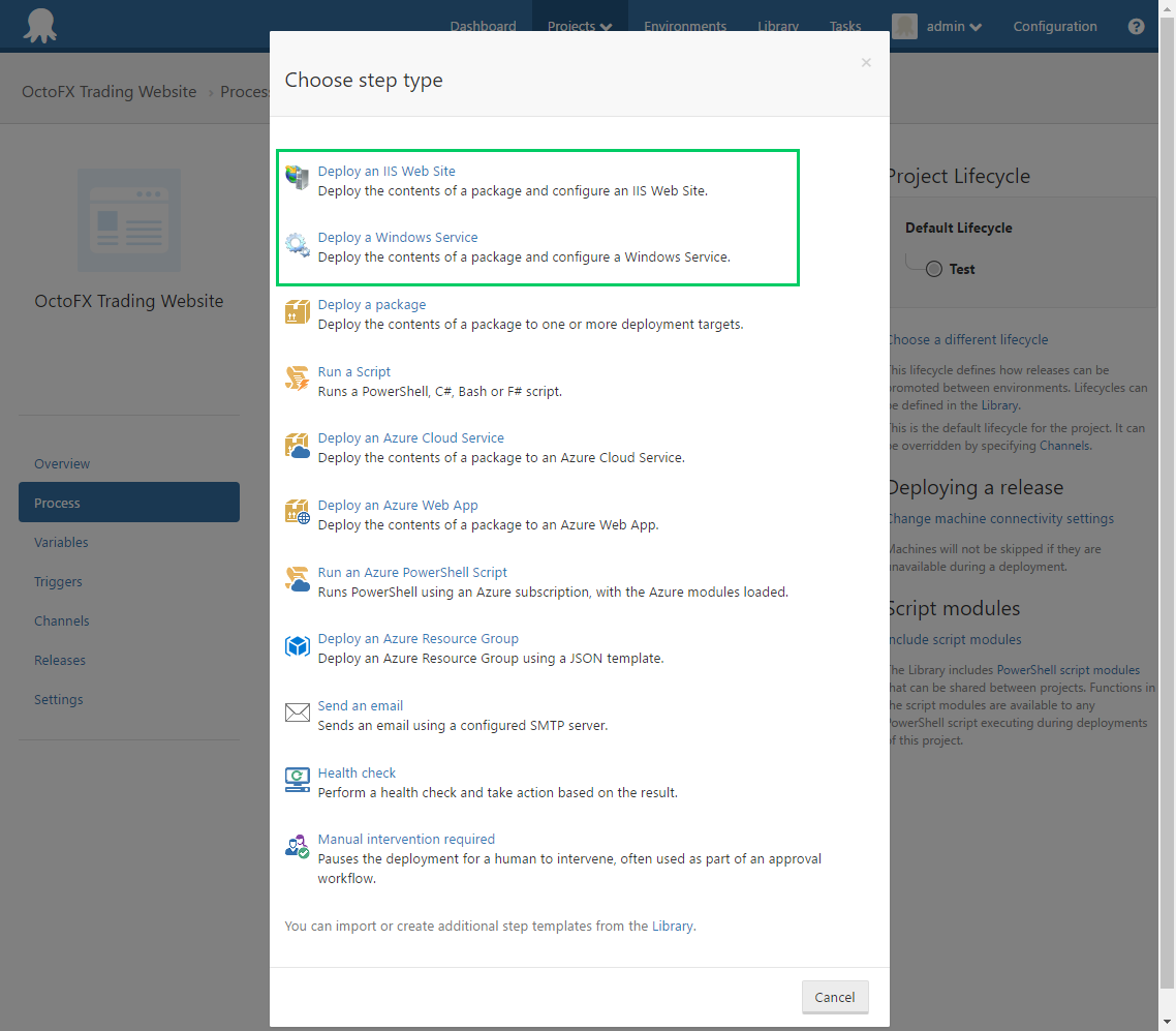 Octopus Deploy Add Step Dialog UI