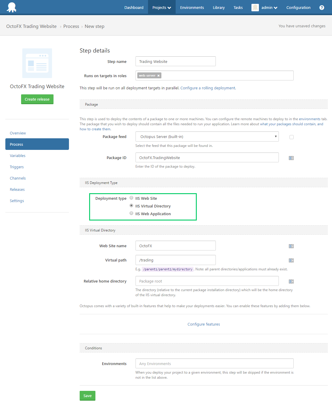 Octopus Deploy Deployment Step UI