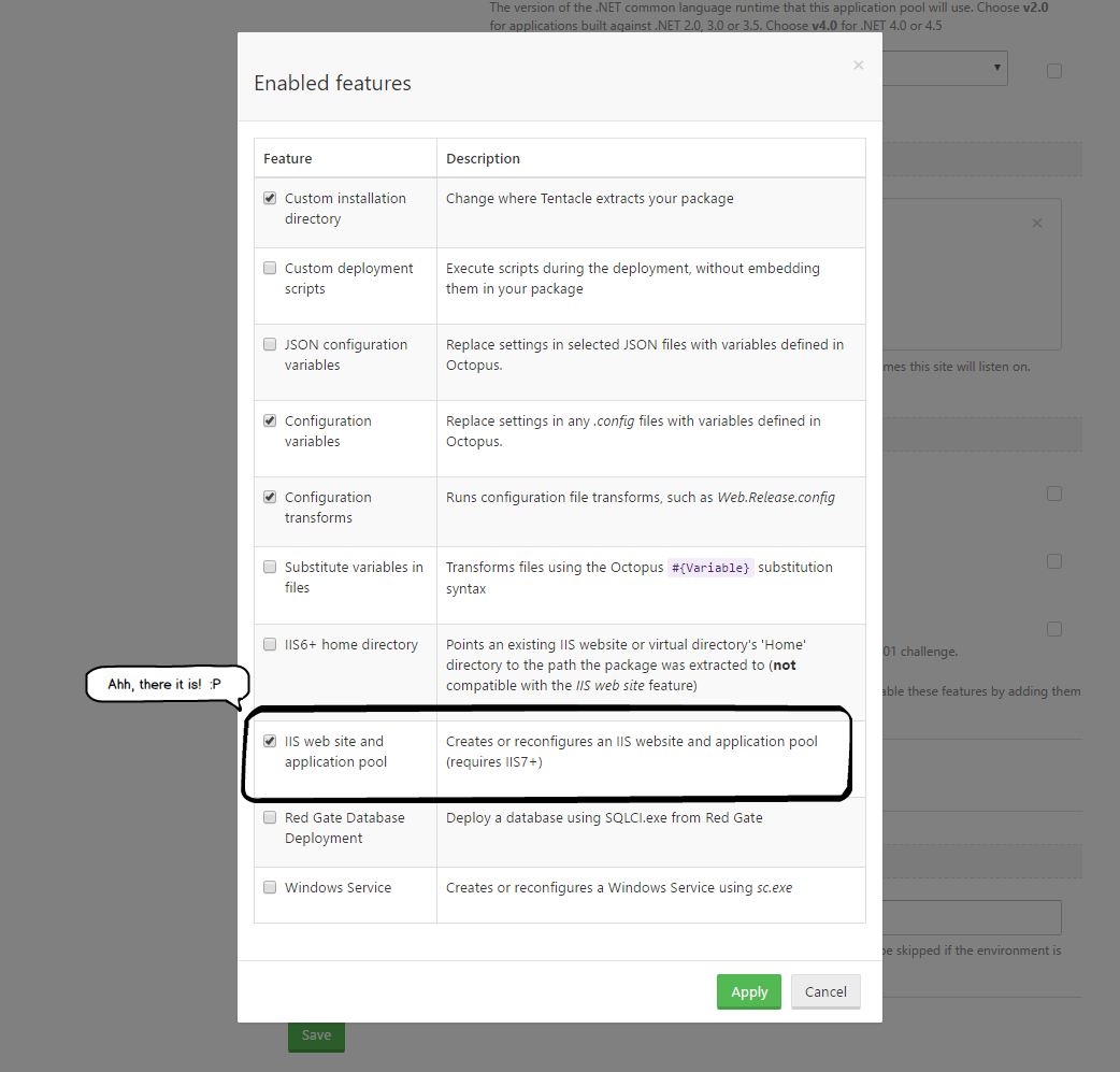 Octopus Deploy Enabled Features UI