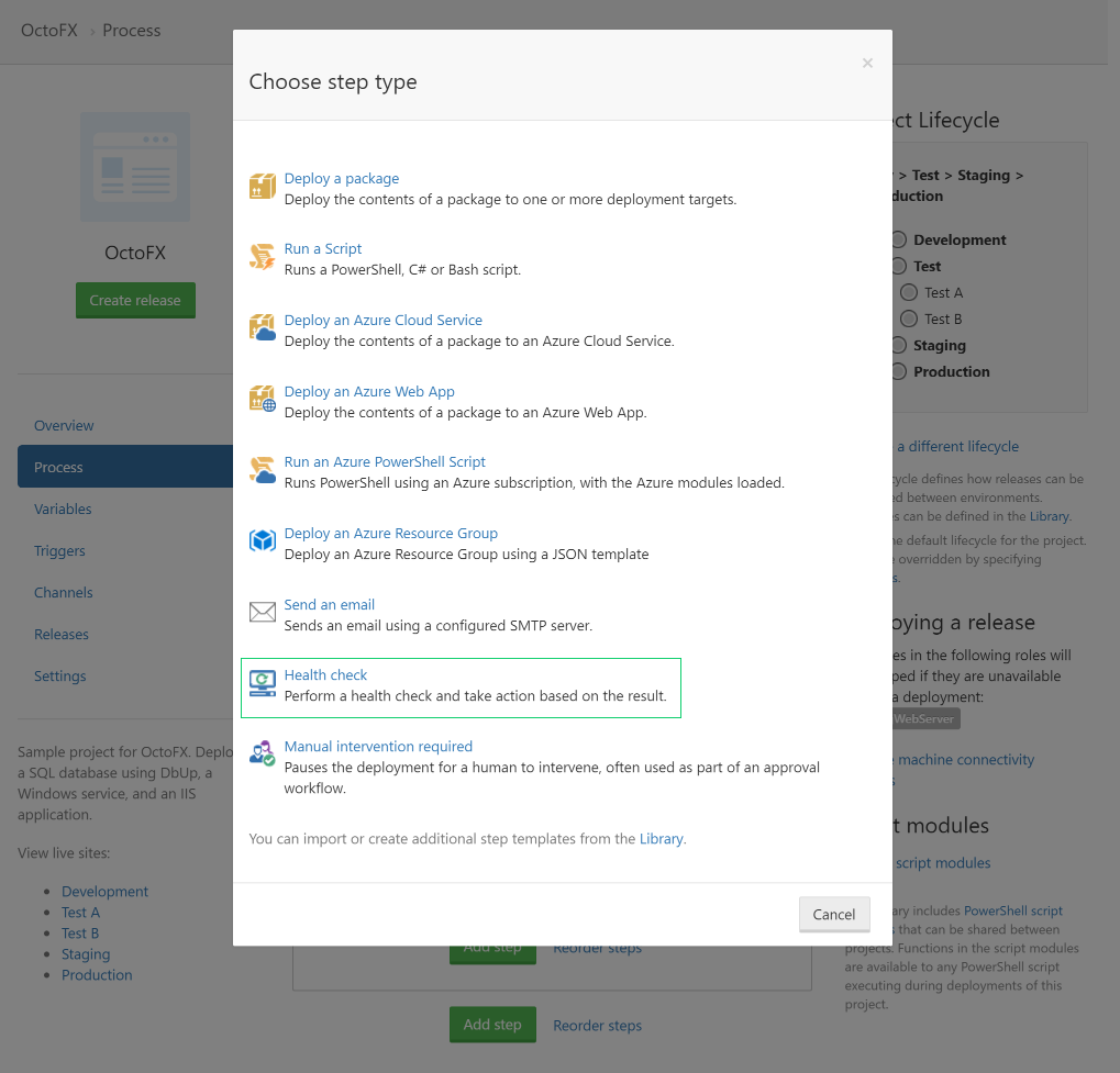Octopus Deploy Choose Step Type UI