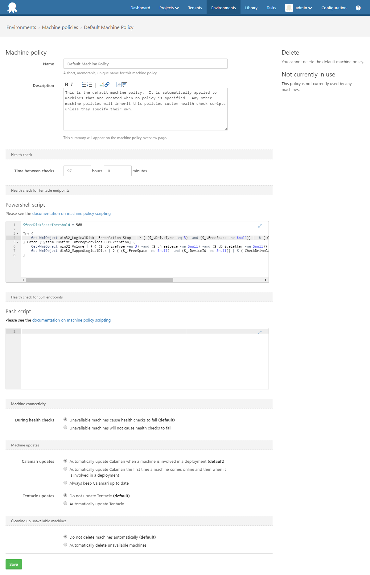 Octopus Deploy Machine Policy UI