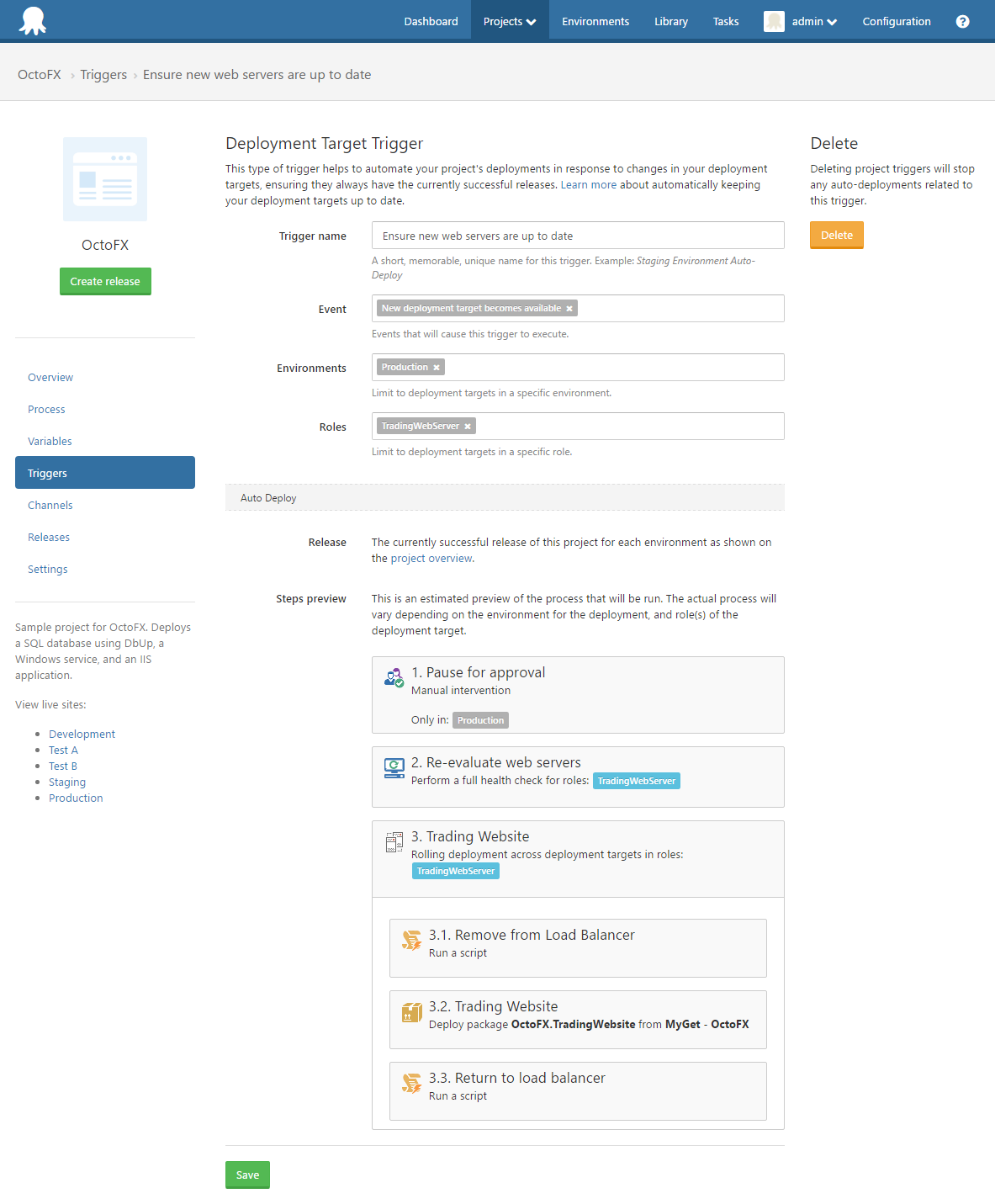 Octopus Deploy Deployment Target Trigger UI