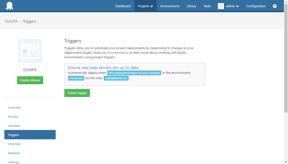 Octopus Deploy Triggers UI