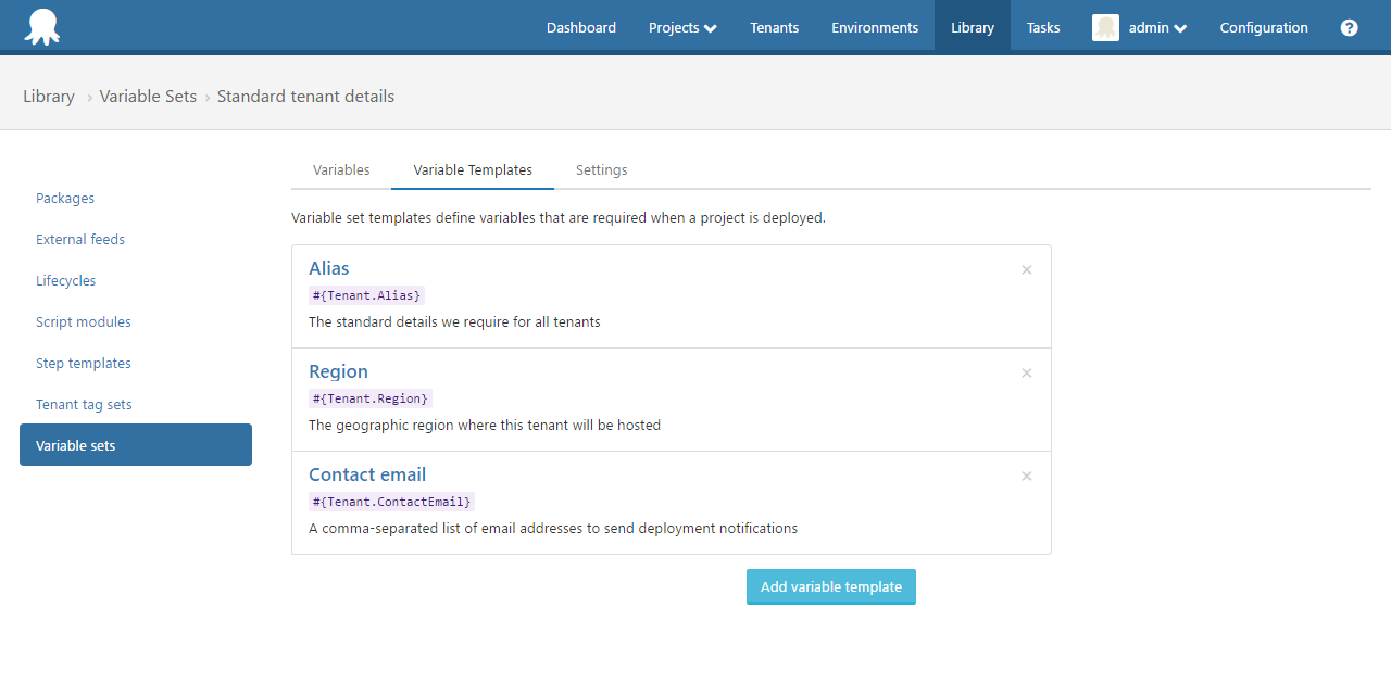 Octopus Deploy Tenant Library Variable Set Templates UI