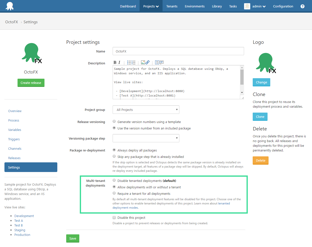 Octopus Deploy Project Settings UI